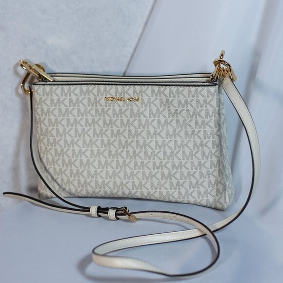 Michael Kors Trisha Medium Logo MK Crossbody Bag Light Cream Multy - Picture 1 of 15